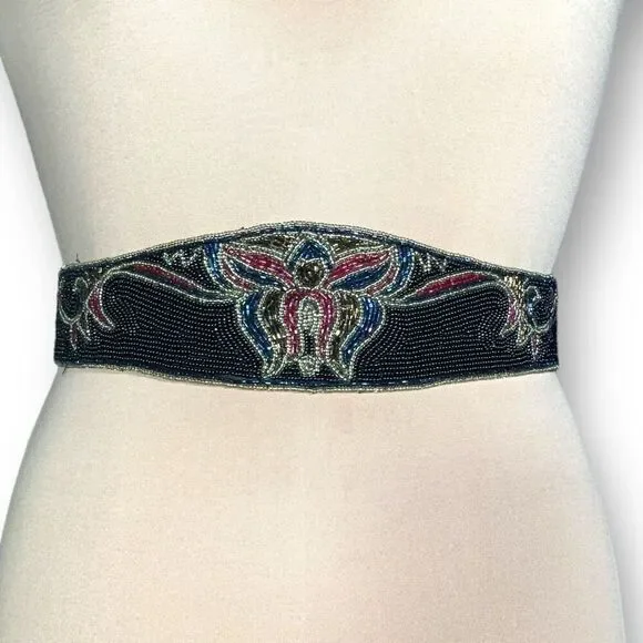 Vintage La Regale Belt Wide Black Multicolor Metallic Beaded Handmade Statement - Picture 11 of 14